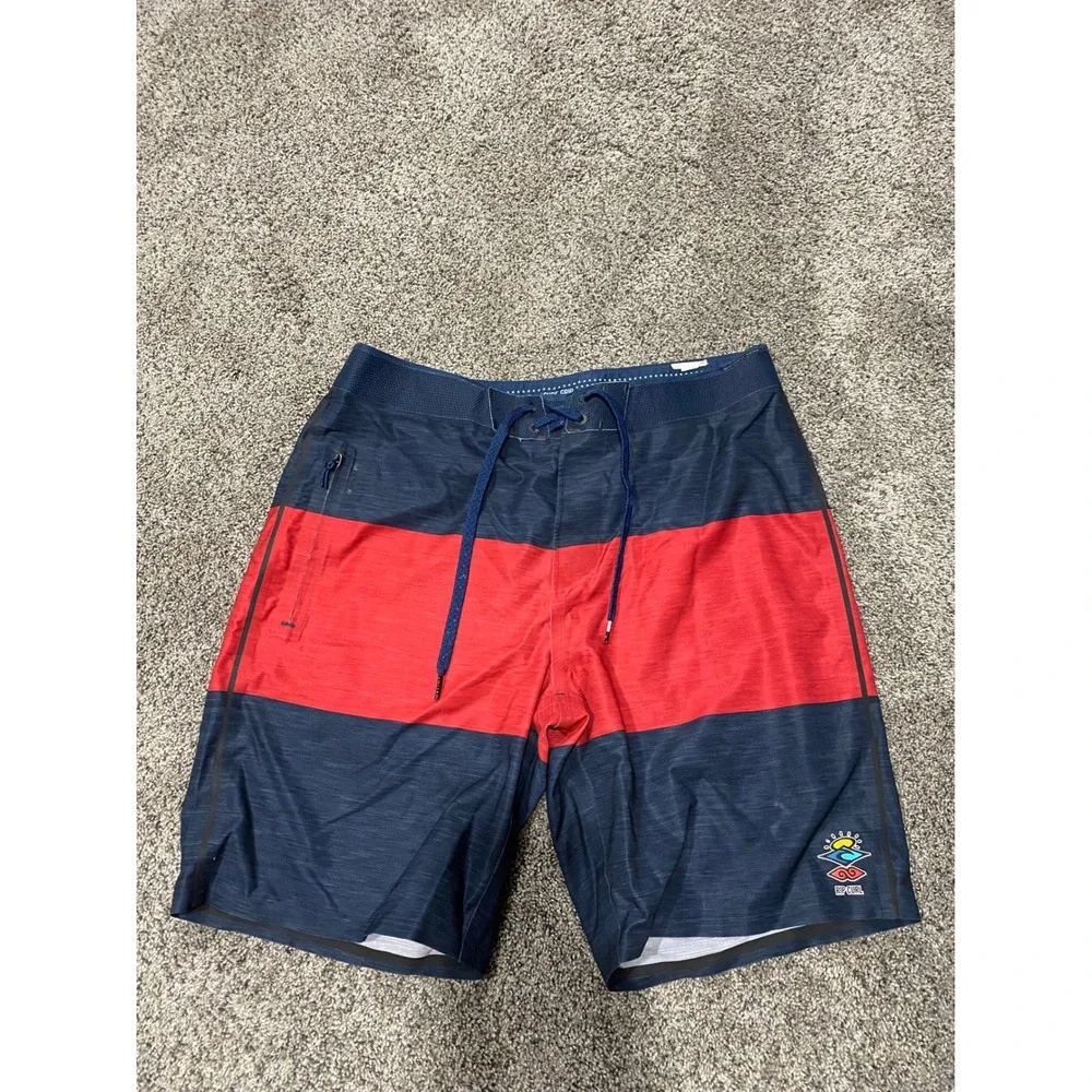 Rip Curl Board Shorts Mens 32 Navy Blue Red Excellent Mirage Surf Grip Striped